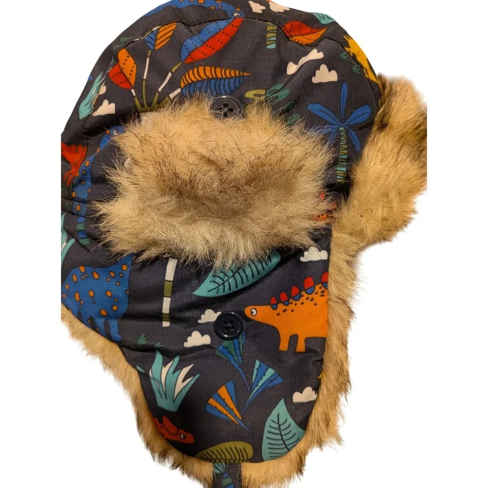The Children's Place Dinosaur Trapper Hat Faux Fur Lined Ear Flaps Large 4T-5T
